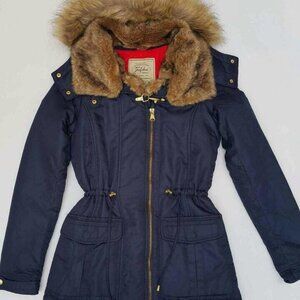 Zara Outerwear Puffer Jacket Hooded Parka Coat Navy Fur Size XS